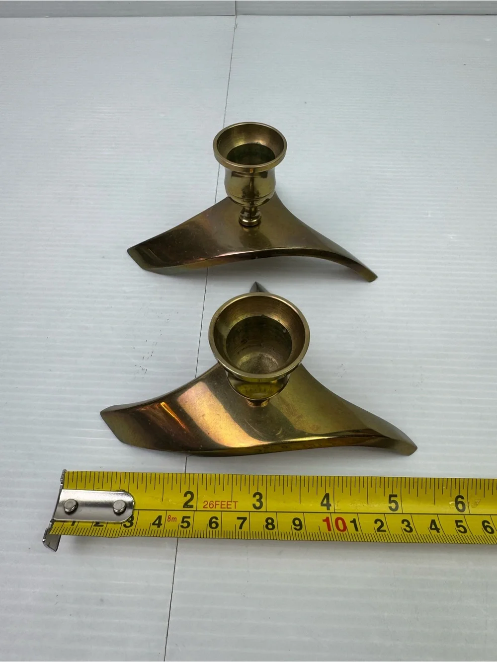 VTG Mid Century Modern Brass Candle Holders Boomerang Tripod Wishbone Taper Pair